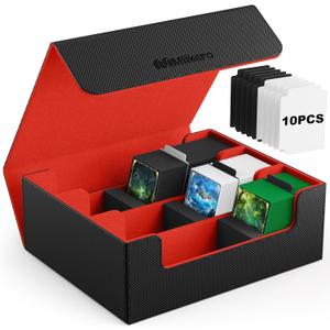 Mlikero Card Deck Case, 1800+ Trading Card Storage Box with 10 Dividers and 3 Foam Stoppers, Leather Magnetic Closure Commander Deck Box Fit for YuGiOh, MTG and Sport Cards(Black&Red)