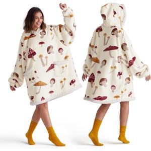 Bedsure Wearable Blanket Hoodie, Sherpa Hooded Blanket Printed for Adult & Kids as Gifts for Women, Mom Gifts Sherpa Hoodie, Standard, Mushroom, Beige