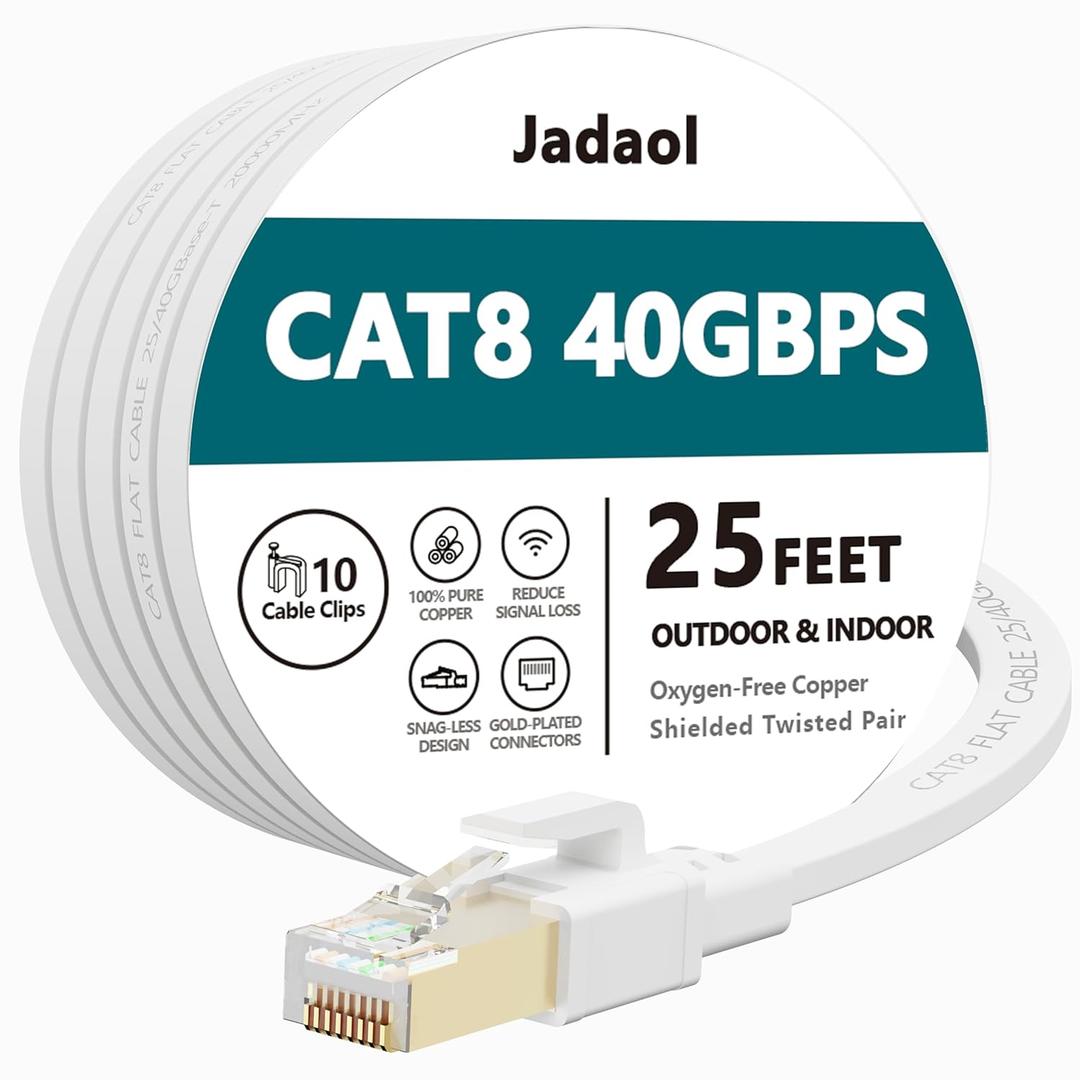 Cat8 Ethernet Cable, Outdoor&Indoor, 25 FT Heavy Duty High Speed Cat 8 LAN Network Cable, 40Gbps 2000MHz RJ45 Flat Internet Computer Patch Cord, Weatherproof S/FTP UV Resistant for Router/Modem/Gaming (White)