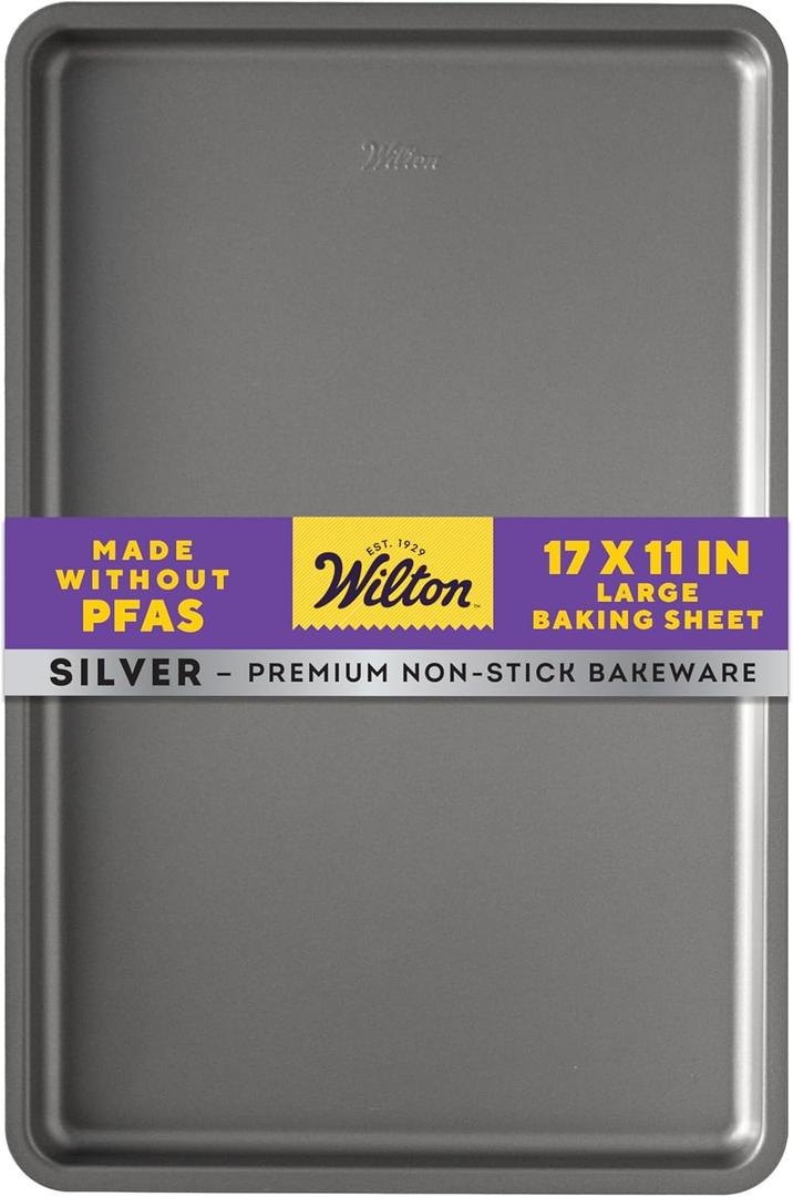 Wilton Silver Non Stick Large Baking Sheet, Cookie and Roasting Pan for Sheet Pan Meals, Made without PFAS, Even Heating, 17.25 x 11.5 Inch