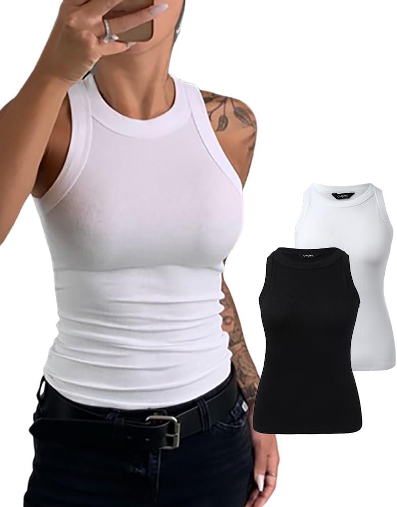 CHICME Womens 2 Piece Sleeveless Tank Tops Summer Casual Basic Ribbed Fitted Thick Strap Racerback Top (Medium)