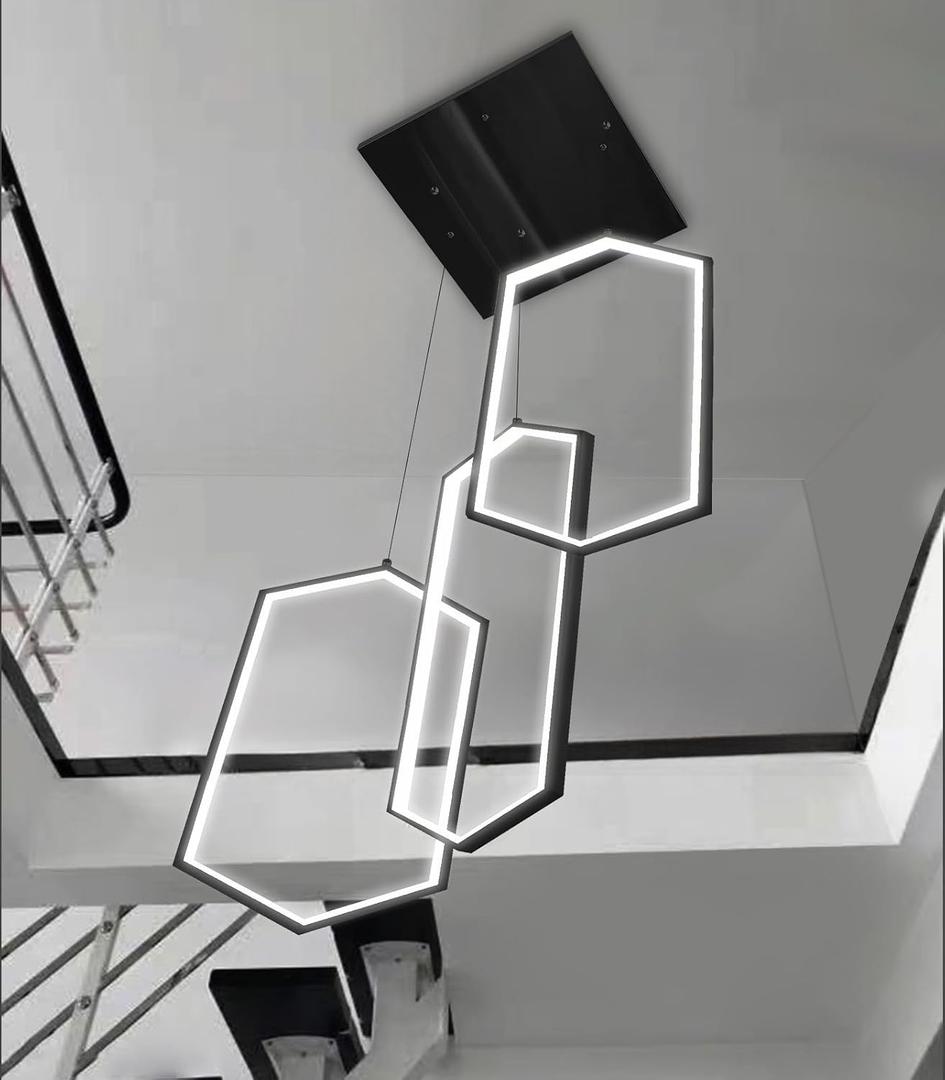 3-Rings Dimmable Pendant Lighting Adjust LED Chandelier Ceiling Light Fixtures for Kitchen Island Dining Room Living Room Bedroom Black, 20in x 9.8in x 59in