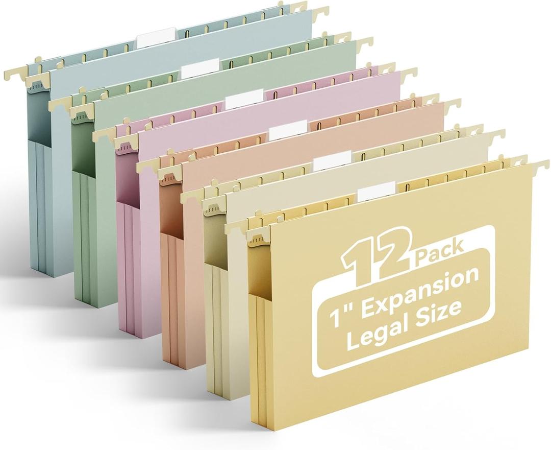 Ansook Plastic Hanging File Folders Legal Size,12 Pack Extra Capacity Expandable Legal File Folder Hanging with Tabs,Heavy Duty 1" Filing Cabinet Folder for Documents,Hanging File Organizer (1 INCH EXPANSION)