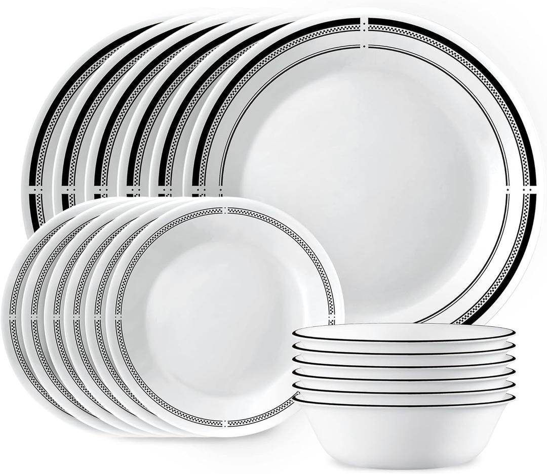 Corelle 18-Piece Round Dinnerware Set Service for 6, Lightweight Round Plates and Bowls Set, Vitrelle Triple Layer Glass, Chip and Scratch Resistant, Microwave and Dishwasher Safe, Brasserie
