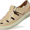 Qiucdzi Men's Sport Sandals Leather Closed Toe Sandal Breathable Outdoor Fisherman Shoes Adjustable Summer Beach Shoes for Hiking Walking (Beige)