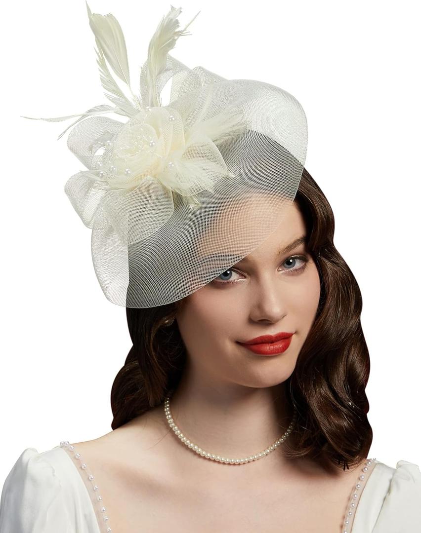 Cizoe Tea Party Fascinator Hats for Womens 50s Headwear with Veil Flower Cocktail Wedding Church Derby Hat (White)