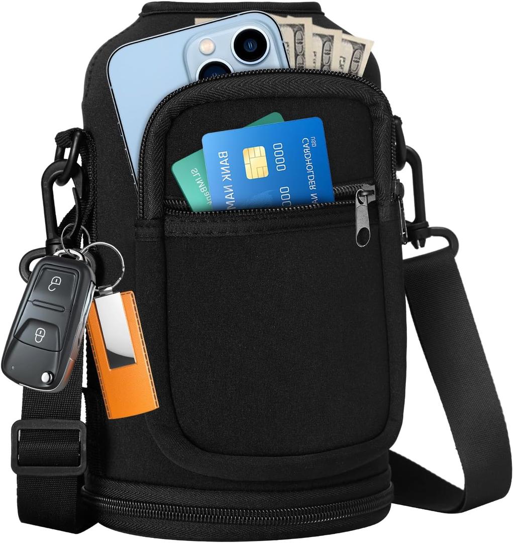 Water Bottle Sleeve with Pocket & Strap - 64 oz Insulated Water Bottles Carrier Bag with Strap, 2 Zip Pockets Neoprene Pouch, Water Jug Holder for Camping Travelling, Flask Accessory Carrying Case