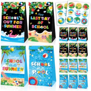 tineit End of Year Party Decorations Summer Bags with Stickers 24pcs School's Out for Summer Paper Gift Bags for Classroom Party, End of School Treats, Pool & Beach Theme Supplies