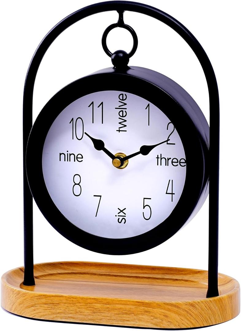 Metal Black Farmhouse Desk Clock with Wooden Base, Decorative Table Clock for Living Room, Silent Mantel Clocks Shelf Decor Battery Operated, 10 x 8 x 4.5 Inches, Black