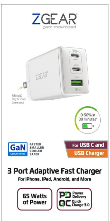 ZGear 3-Port Adaptive Fast Charger, 65 Watts