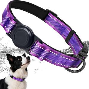 AirTag Dog Collar, IP68 Waterproof Air Tag Dog Collar Holder, Reflective, Ultra-Durable, Comfortable Padded, Heavy Duty Dog Collars, Purple-L