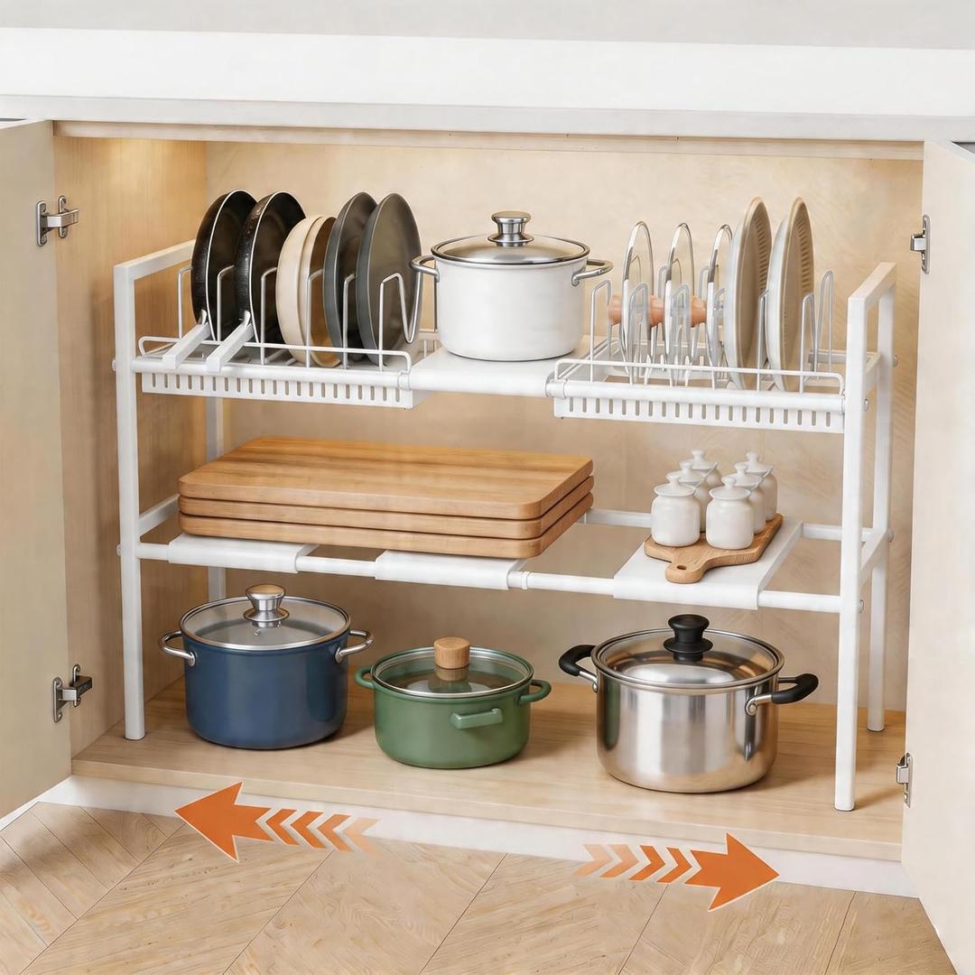 Pots and Pans Organizer Under Cabinet, Expandable Length, Adjustable Height Under Sink Shelf 2 Tier with 10 Dividers Under Cabinet Shelf, Pot and Pan Lid Holder Rack (White)