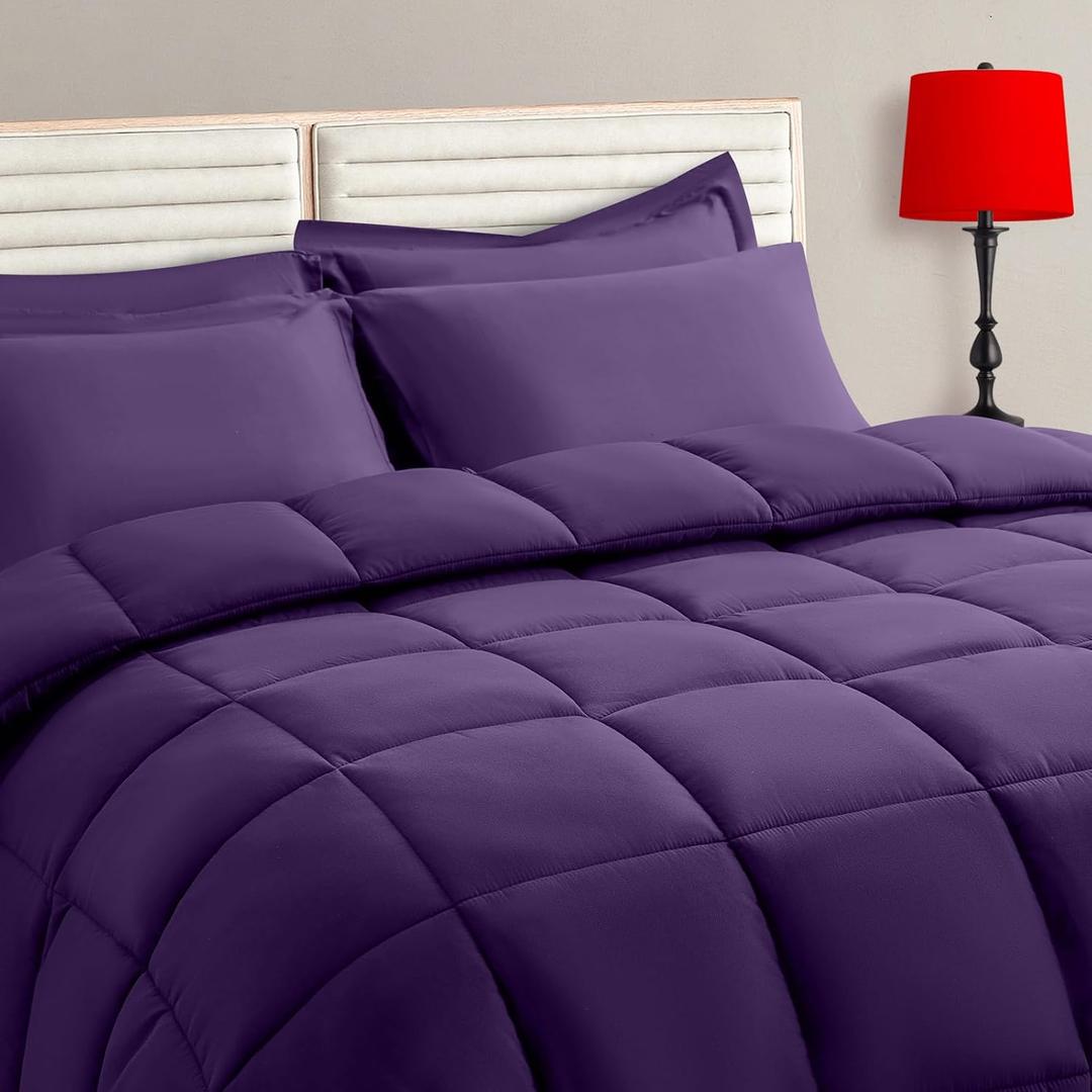 TAIMIT Purple Queen Size Comforter Set - 7 Pieces, Bed in a Bag Bedding Sets with All Season Soft Quilted Warm Fluffy Reversible Comforter,Flat Sheet,Fitted Sheet,2 Pillow Shams,2 Pillowcases