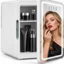 ELLE 6L Mini Cooler Fridge with LED Makeup Mirror for Skincare & Cosmetic Storage Cooler & Warmer Removable Shelf Carrying Handle AC DC Power Options Small Refrigerator for Bedroom Car Office White