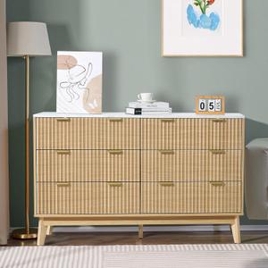 VEVOR Fluted 6 Drawer Dresser, 54" Wide Chest of Drawers with Faux Marble Top, Modern Dresser TV Stand, Wooden Closet Clothes Storage Organizer for Bedroom, Living Room, Hallway, Entryway, Natural Oak