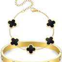 Dainty Gold Clover Bracelet Love Bangle Set Non Tarnish Gold Bracelet Stack and Black White Four Leaf Clover Bracelet Simple Cute Friendship Bangle Bracelets for Women Trendy Holiday Gifts