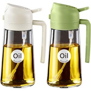 YARRAMATE 2Pcs 16oz/470ml 2 in 1 Oil Sprayer for Cooking with Stickers, Food-grade Glass Oil Spray Bottle, Oil Dispenser and Oil Sprayer for Kitchen, Salad, Frying, BBQ (White & Green)