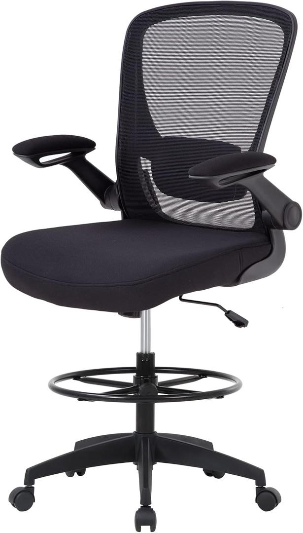 BestOffice Drafting Chair Tall Office Chair with Adjustable Foot Ring and Flip-Up Arms Computer Standing Desk Chair Executive Rolling Swivel Chair for Office & Home (24L*26W*50H, Black)