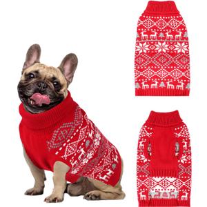 Dog Christmas Sweater, Thick Warm Doggie Sweatshirt with Leash Hole, Snowflake Reindeer Dog Holiday Pullover Sweaters for Cold Weather, Winter Knit Turtleneck Dogs Sweater for Small Dogs S