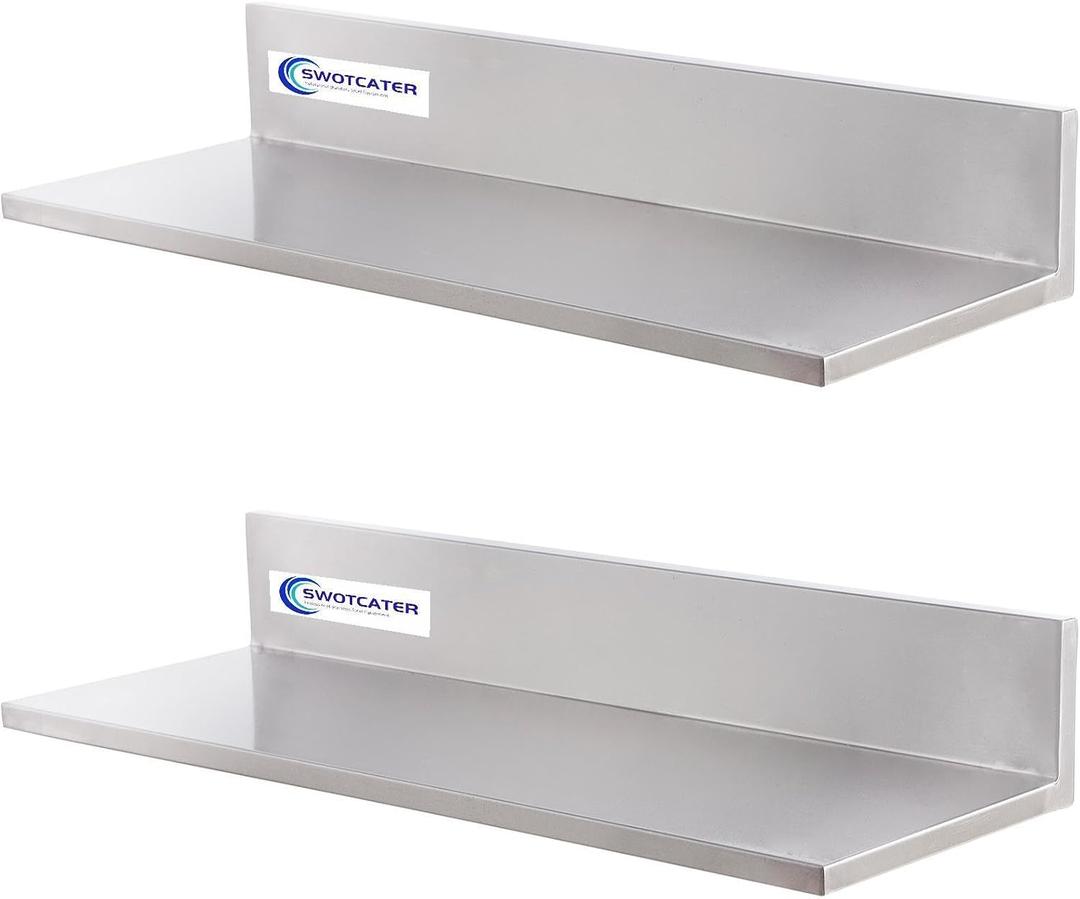 Stainless Steel Wall Shelf 8.6"x24" 60LB, 2 Packs L-Shaped Commercial Wall Mount Floating Shelving for Kitchen, Restaurant, Home