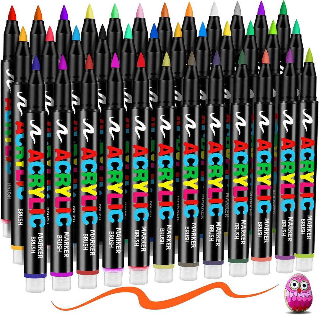 36 colors Acrylic Paint Markers, Acrylic Paint Pens Brush Tip, No-Bleed & Automatic Ink Control, Fabric Markers for Rock, Metal, Glass, Wood, Canvas, Ceramic, Plastic, Art & DIY Craft