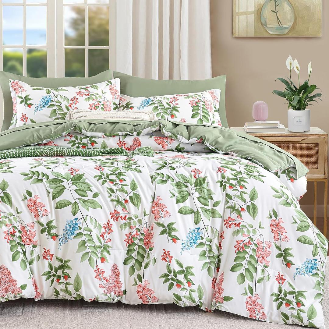 Green Comforter Set Queen Size Floral 7-Piece Bedding Set,Botanical Comforter Set with Pillowcases,Soft Microfiber Complete Bedding Sets for All Season