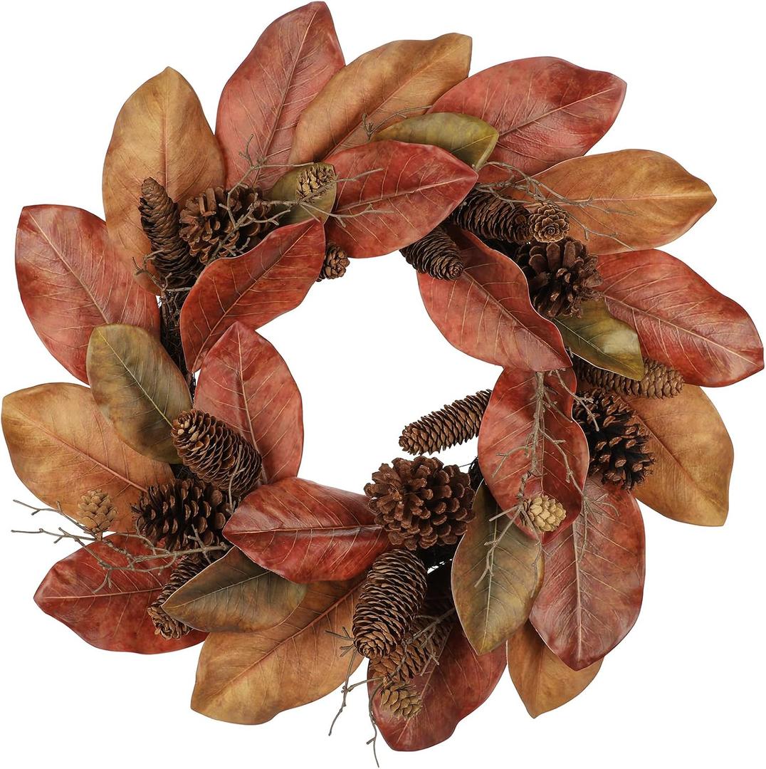 Briful 24 Inch Artificial Magnolia Leaves Wreath with Pinecones