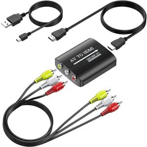 GINGIN RCA to HDMI Converter, AV to HDMI Converter for TV/PC/N64/Wii/PS1/PS2/PS3/STB/Xbox/VHS/VCR/Blue-Ray DVD Players, with 3.3ft RCA and HDMI Cables