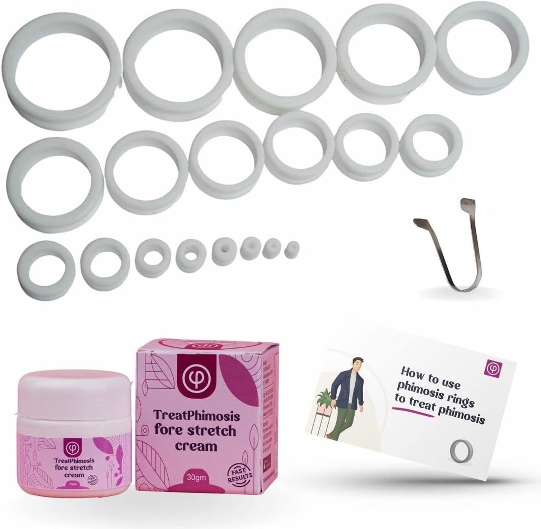 Phimosis Stretching Rings (20 Rings Set) with Fore-Stretch Cream, Tool, and 'How to Use' Booklet, White, 3,4,5,6,8,10,12....38mm