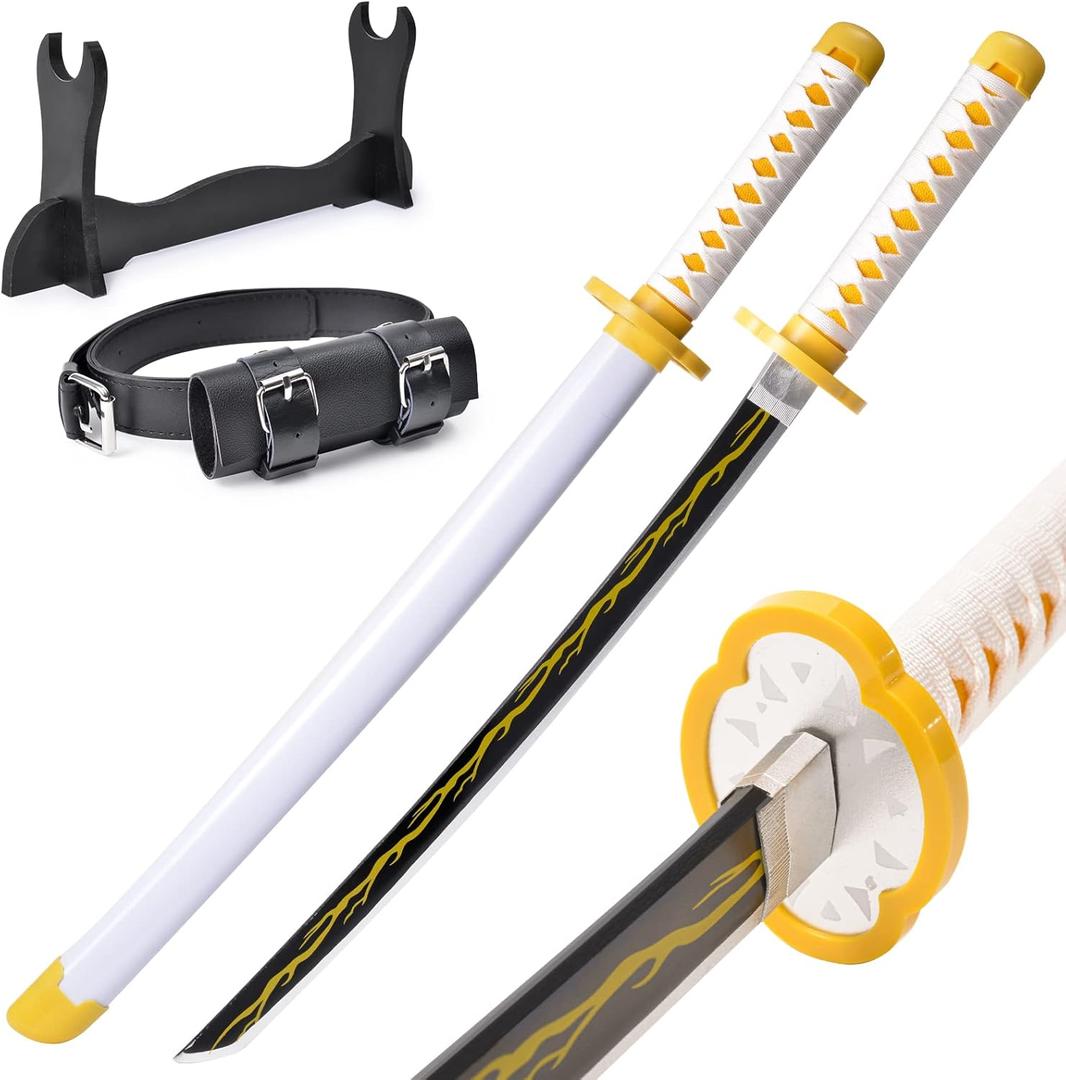 Demon Slayer Sword for Kids 31inch - Bamboo Blade with Belt and Sword Stand - Anime Sword Original TextureDemon Slayer Katana for Cosplay PurposeVarious Styles (Agatsuma Zenitsu-31inch)