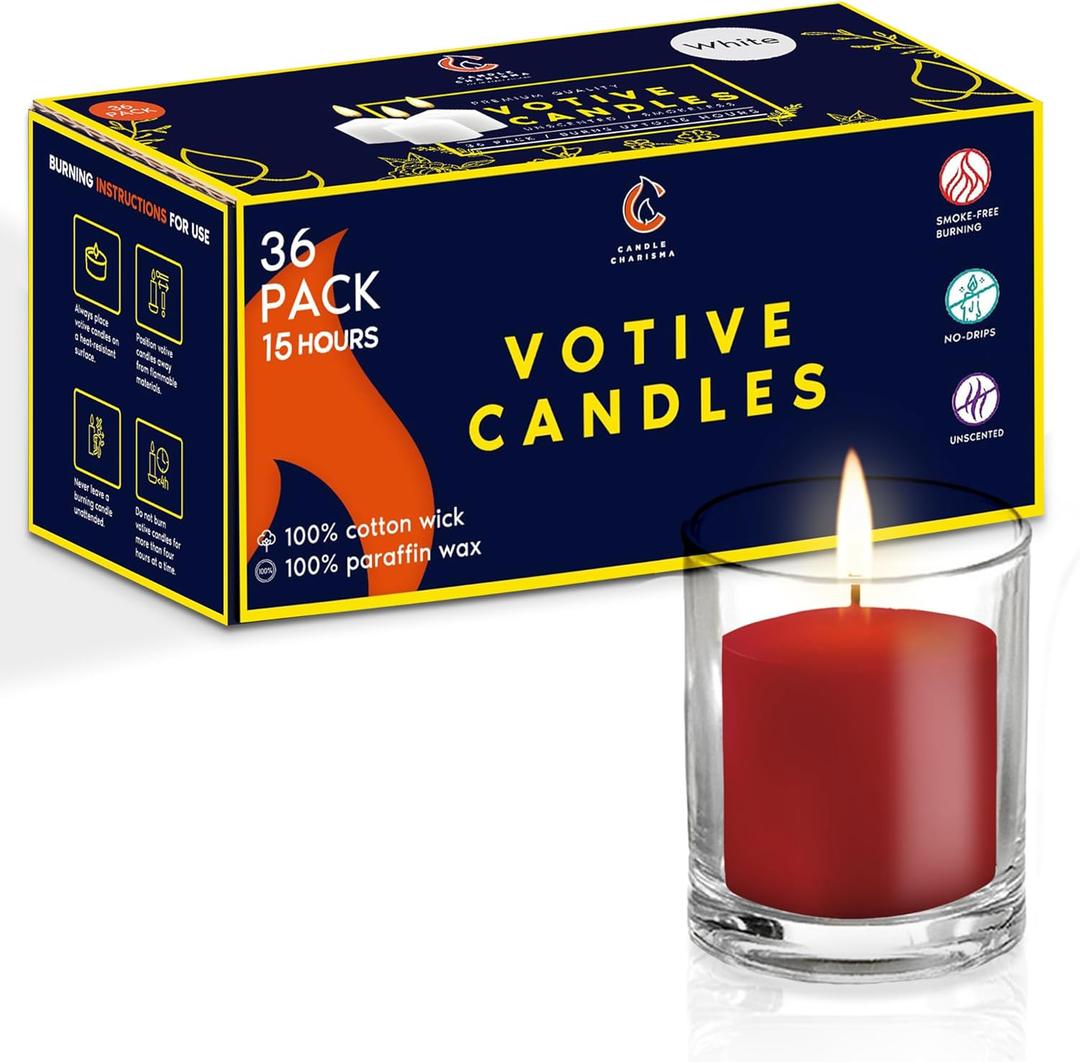 Candle Charisma Red Unscented Votive Candles - 15 Hour Burn time - Set of 36 for Dinner, Wedding, Halloween and Holiday Decorations