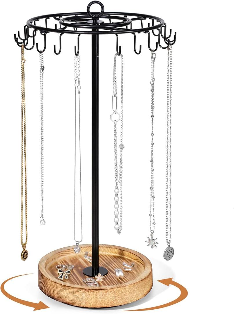 Rotating Necklace Holder, Necklace Organizer Tree Stand with 24 Hooks, Jewelry Necklace Display Stand, Wooden & Metal, Tall Spinning for Vendors Retail, Craft Show, Gift for Women, Vintage Black