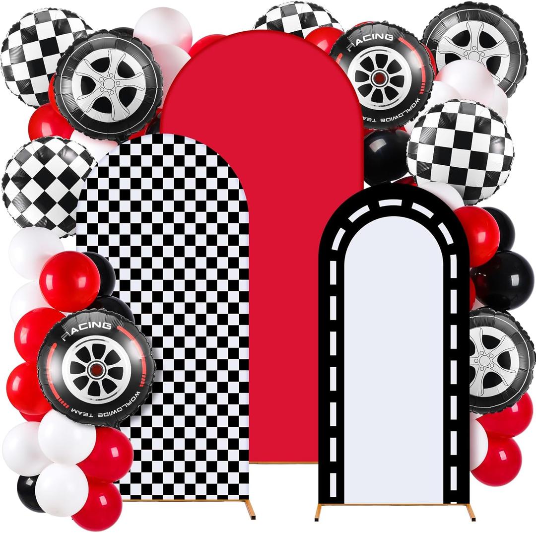 34 Pieces Race Car Party Decoration 4ft 5ft 6ft Race Backdrop Cover Checkered Spandex Arch Backdrop Covers Red and Black Balloons Racing Tire Foil Balloons for Racer Go Kart Birthday Party