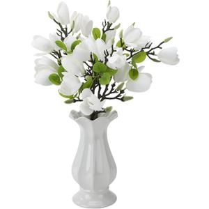 6 PCS Artificial Magnolia Flowers Stems 19.1 Inch Fake White Flora Branches Realistic Home Decor Tall Vase Centerpiece Indoor Wedding Bouquet Filler