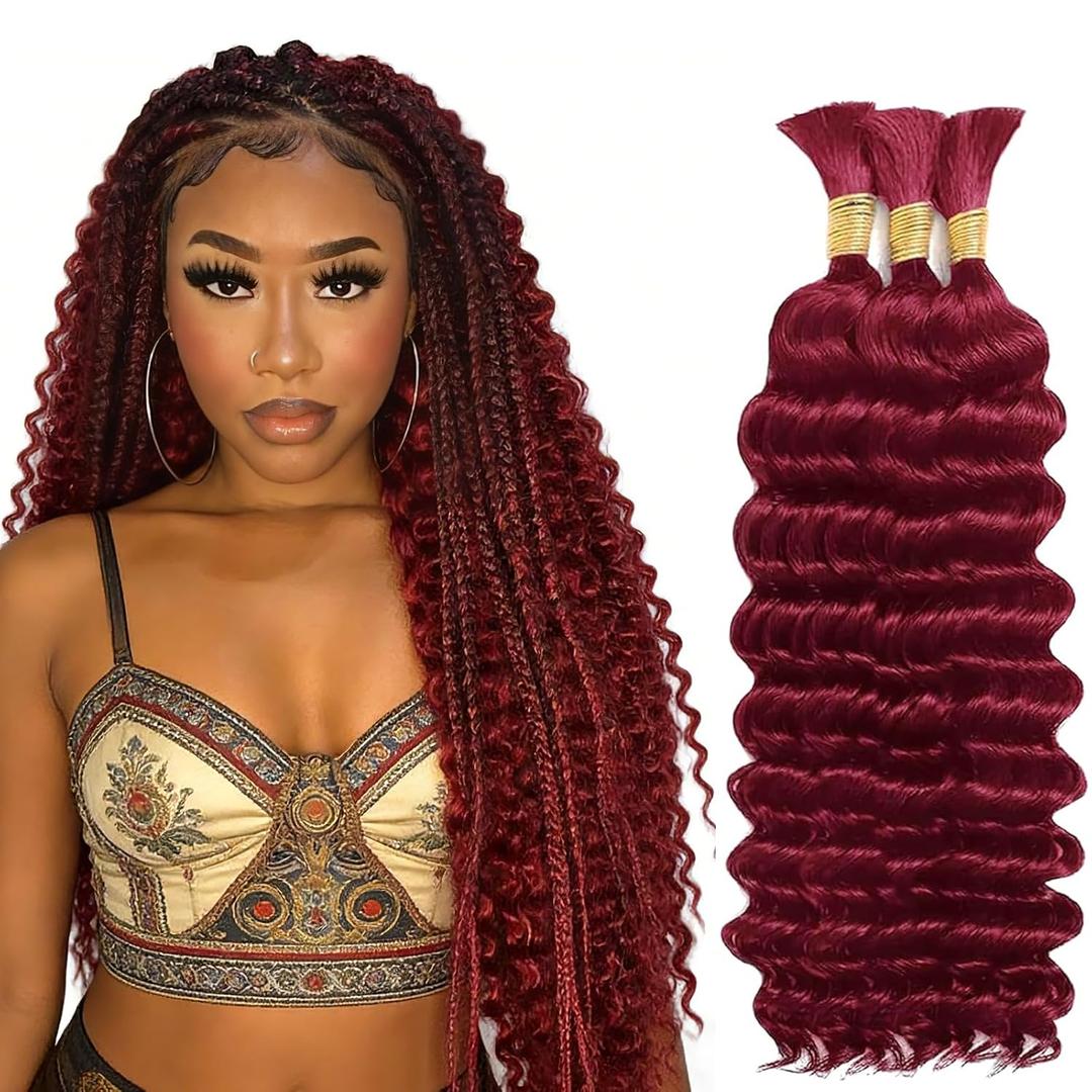 99J Burgundy Deep Wave Bulk Human Hair for Boho Braids, 3 Bundles/Pack 150g 16 Inch No Weft 12A Curly for Human Braiding Hair Extensions