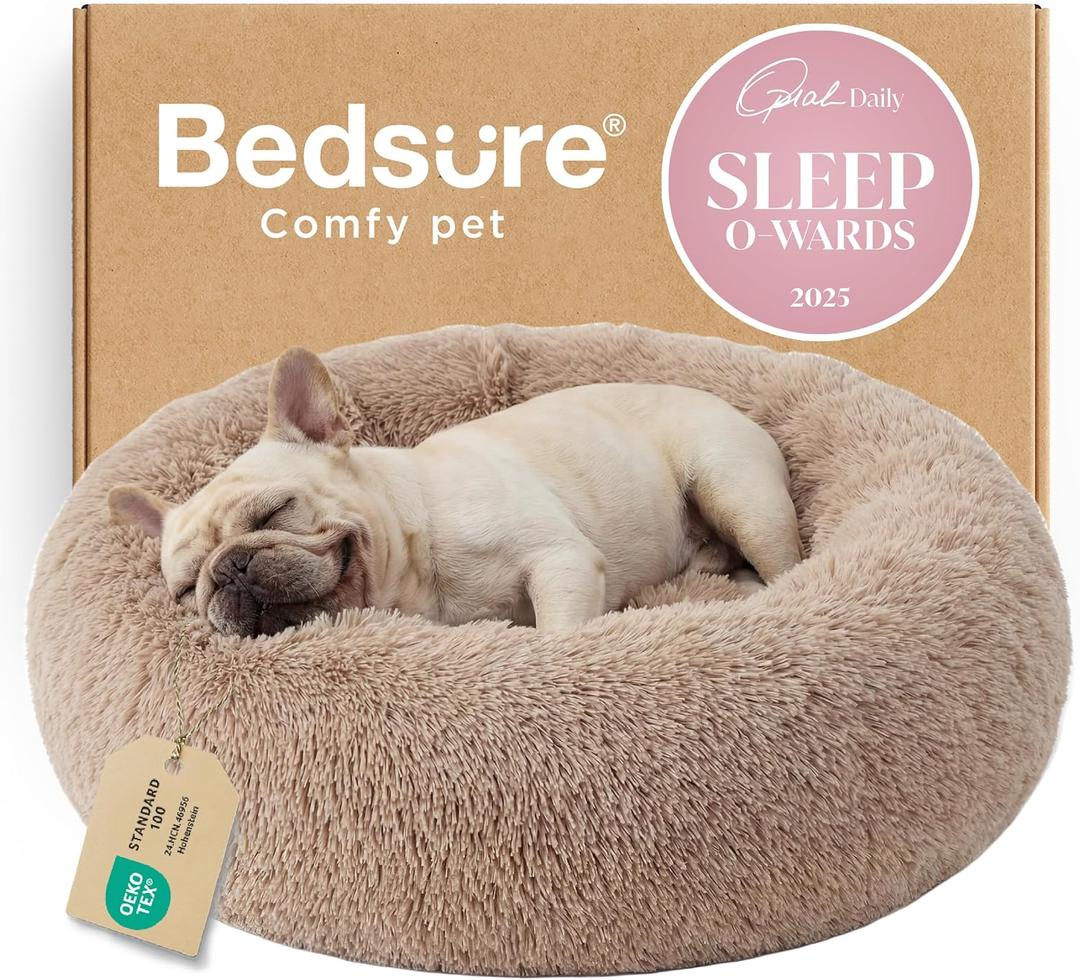 Bedsure Calming Dog Bed Medium Size Dog - Donut Washable Medium Pet Bed, 30 inches Anti-Slip Round Fluffy Plush Faux Fur Cat Bed, Fits up to 45 lbs Pets, 30"L x 30"W x 8"Th, Camel