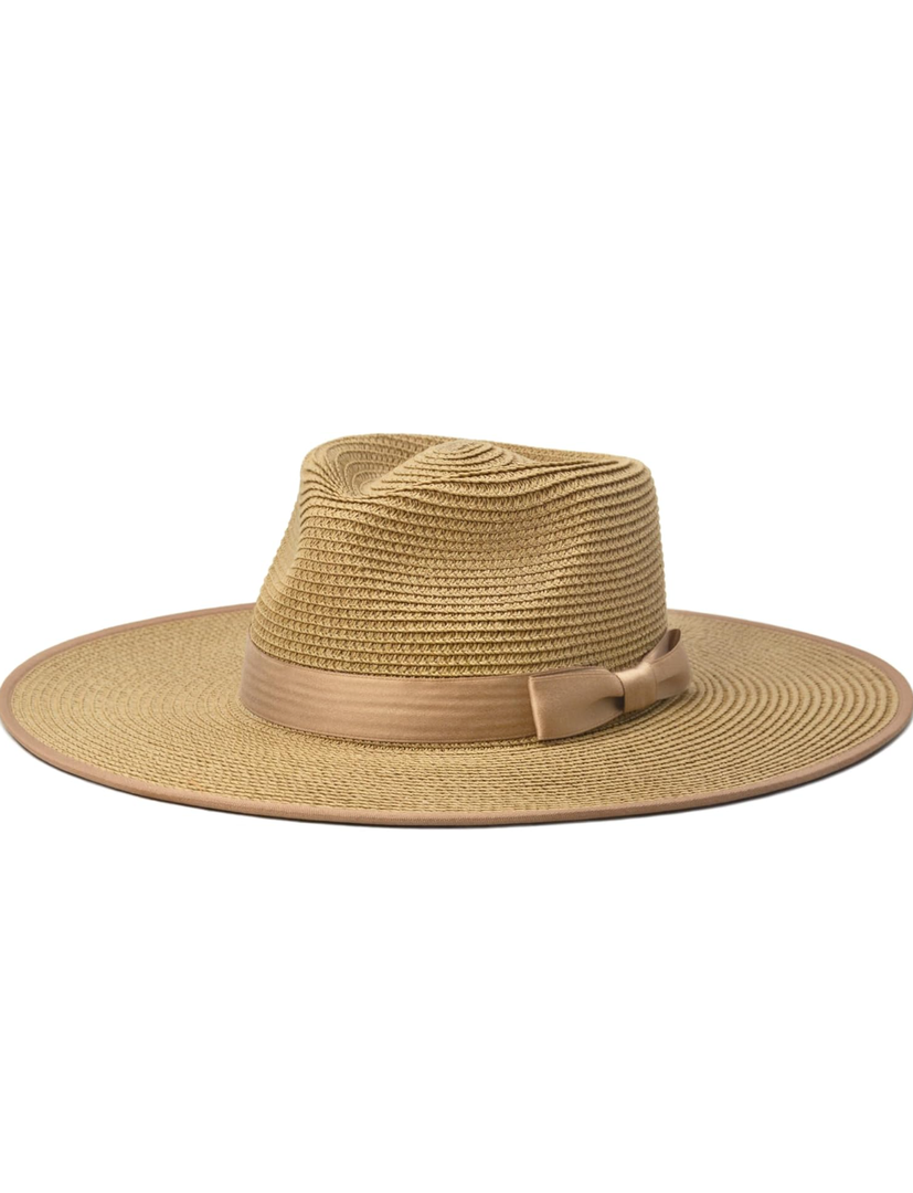 FLUFFY SENSE. Unisex Wide Brim Sun Hat Straw Panama Rancher Fedora Hat for Men Beach Hat for Women