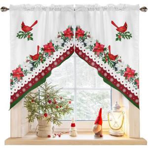 Christmas Poinsettia Swag Curtain Valance for Kitchen, Retro Cardinals Light Filtering Short Swag Topper for Windows Bedroom Bathroom Privacy Added Rod Pocket Design, 28"Wx36"L-2PCs, Red and White