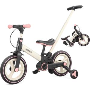 JMMD Toddler Bike with Push Handle for Kids 18-60 Months, 6 in 1 Foldable Push Bike with Training Wheels, Pedals, Brakes, Kickstand, Kid Balance Bike Gift & Toys for Boy & Girl (Large, Pink)