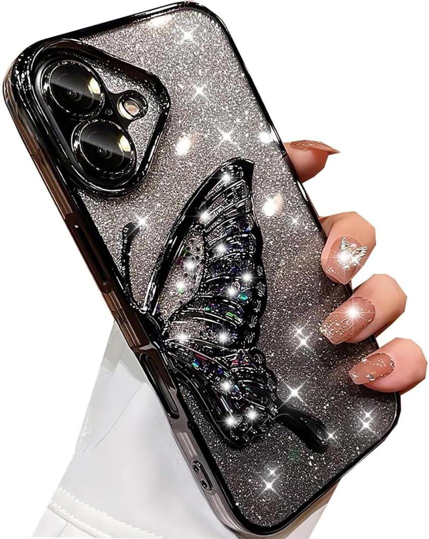 for iPhone 16 Plus Glitter Butterfly Case,Cute Luxury Bling Sparkle Liquid Flowing with Camera Lens Protector Soft TPU Plating Bumper Shockproof Women Girls Case for iPhone 16 Plus 6.7",Black