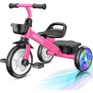 Umatoll Tricycle for Toddlers 2-5 Year Old, Ajustable Toddler Bike Outdoor Toys, Birthday Gift for Girl Boy Age 2-4, Trike with Light up Wheels (Rose)