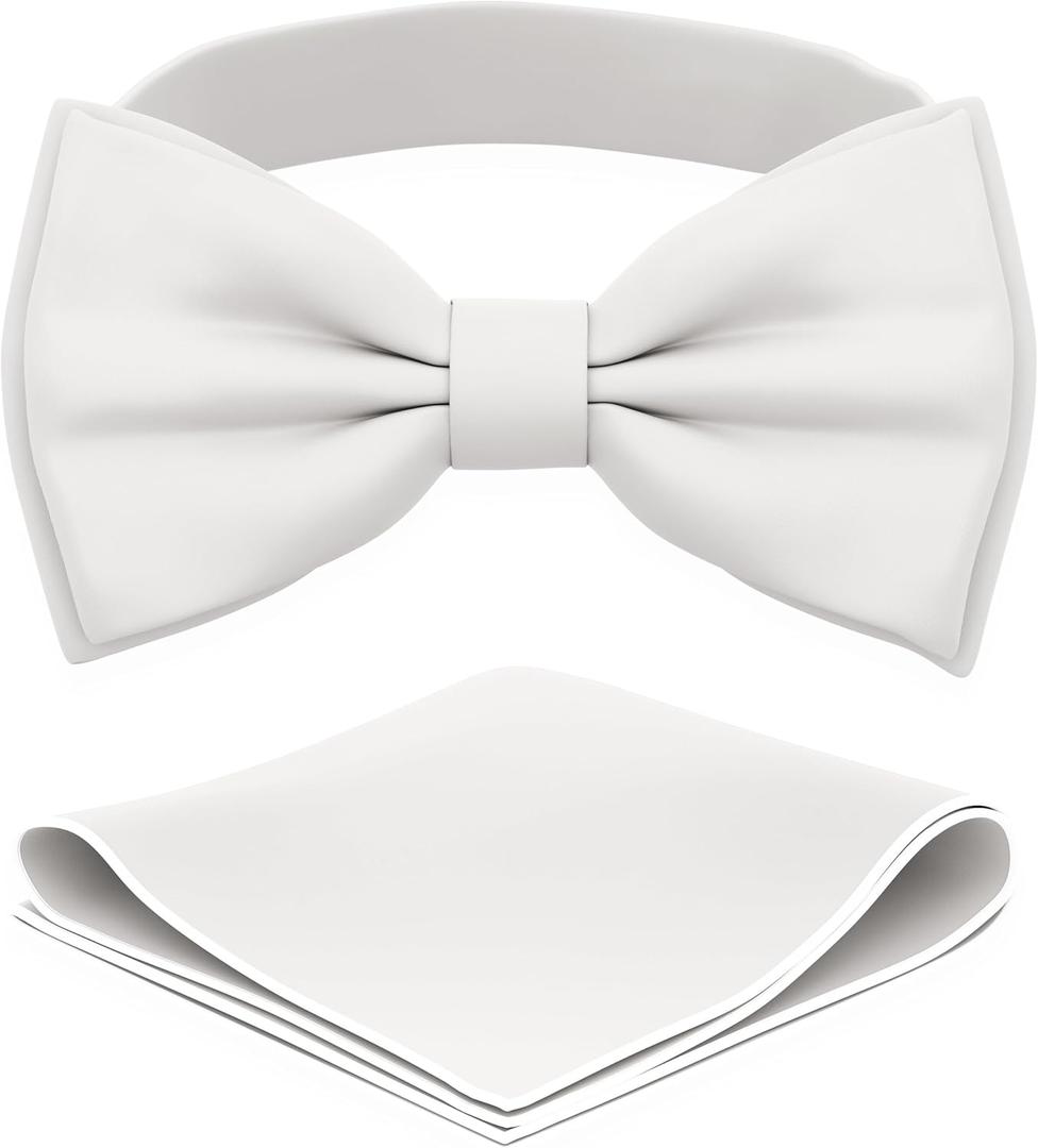 Adam Young Men's Bow Ties with Handkerchief Pre-Tied Style Formal Satin Classic Bowtie for Tuxedo Faux Silk (White, M)