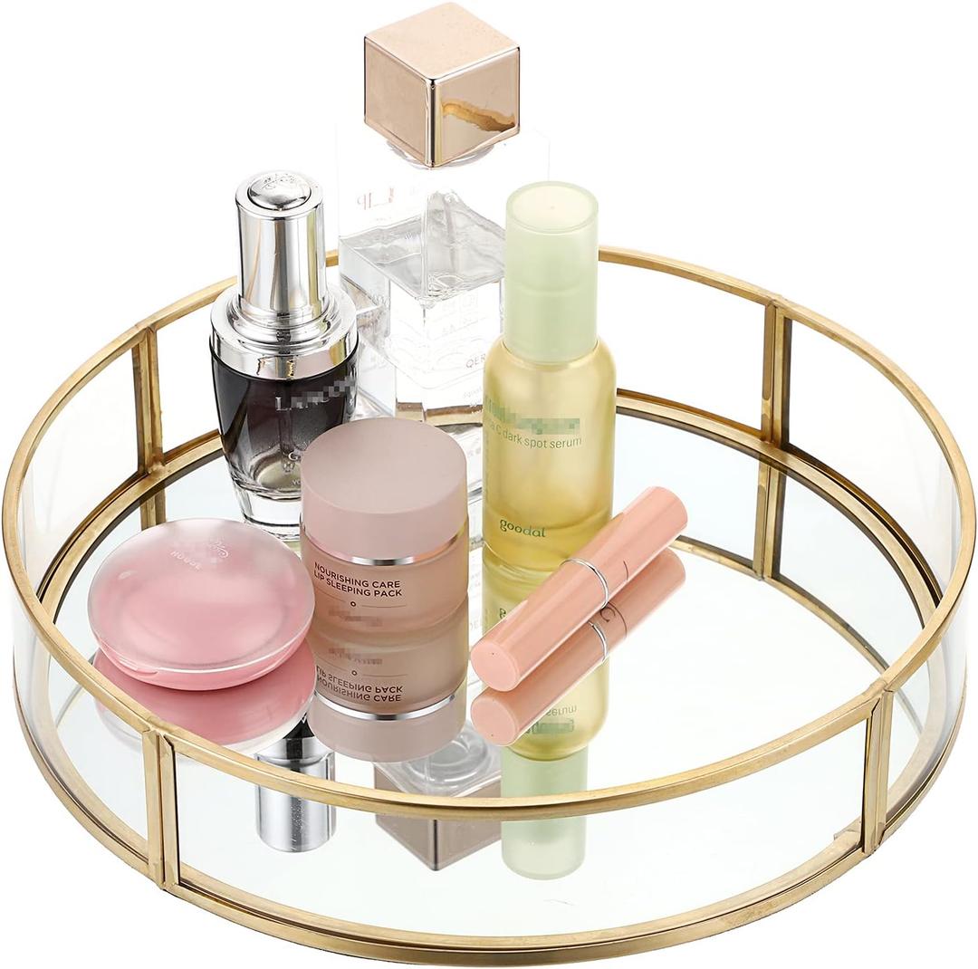 ELLDOO Gold Round Glass Mirror Jewelry & Perfume Tray - Ornate Metal Decorative Tray for Vanity & Dresser