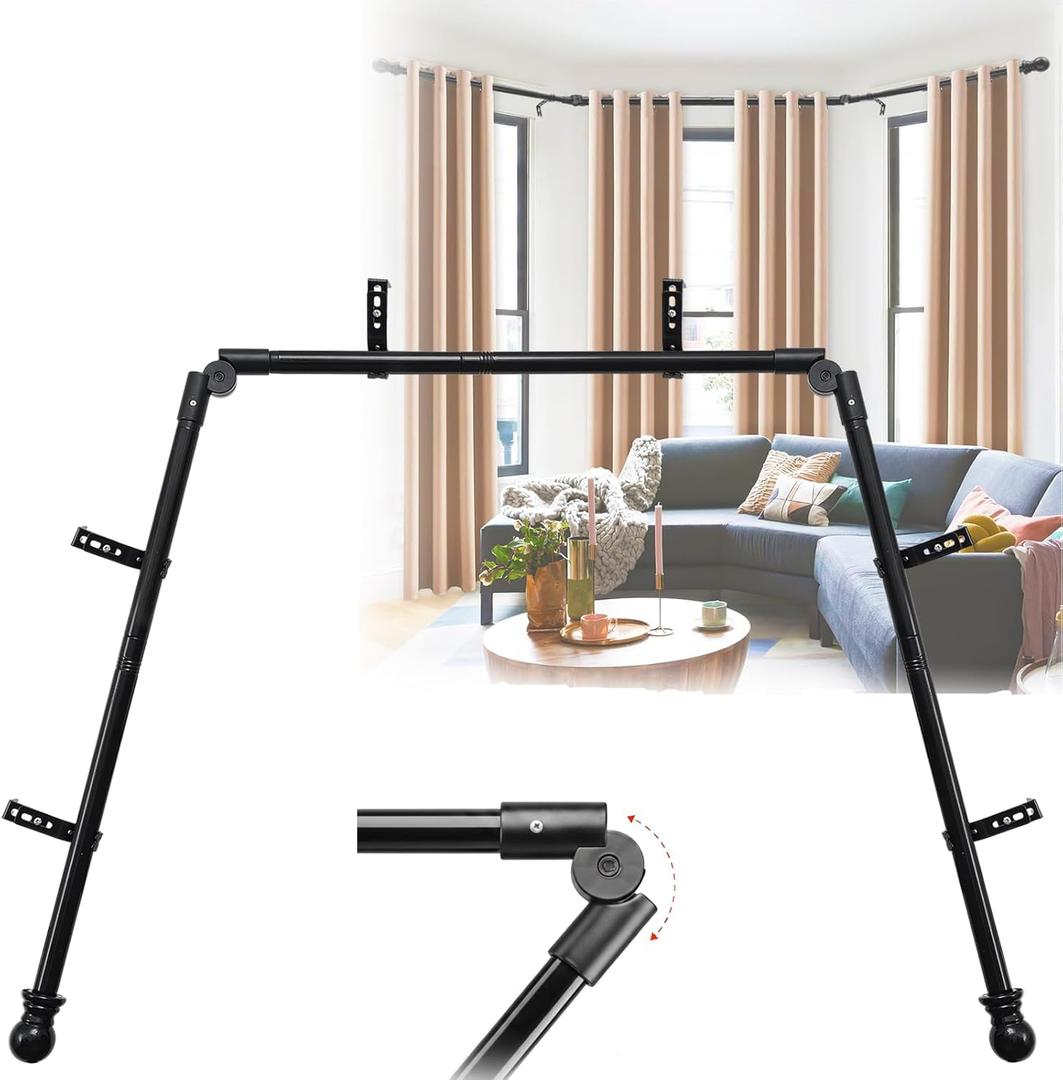 Bay Window Curtain Rods, 36-160" Heavy Duty Corner Curtain Rod, Adjustable DIY Design for Center and Side Rods,U-Shape 1 inch Drapery Rod Set with Brackets for Windows - Black