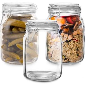 Set of 3 Mason Jars with Lid (1 Liter) | Airtight Glass Storage Containers for Food, Flour, Pasta, Coffee, Candy, Dog Treats, Snacks & More | Glass Organization Canisters | 34 Ounces