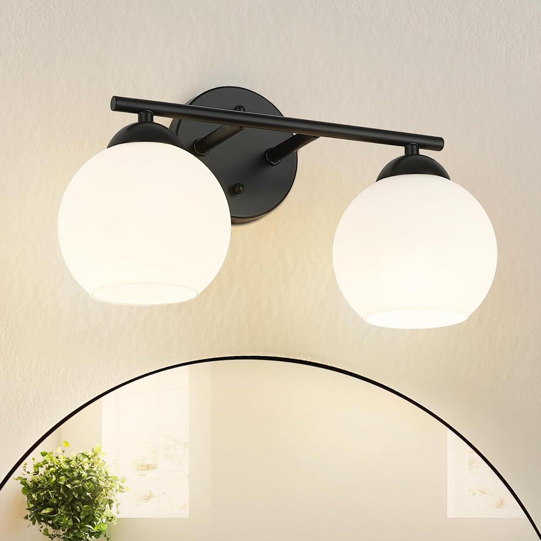 Emak Black Vanity Lights for Mirror, Modern Farmhouse 2-Light Bathroom Light Fixtures Globe Bathroom Vanity Light with Milk Glass Shade, VL114-BK-ML-2