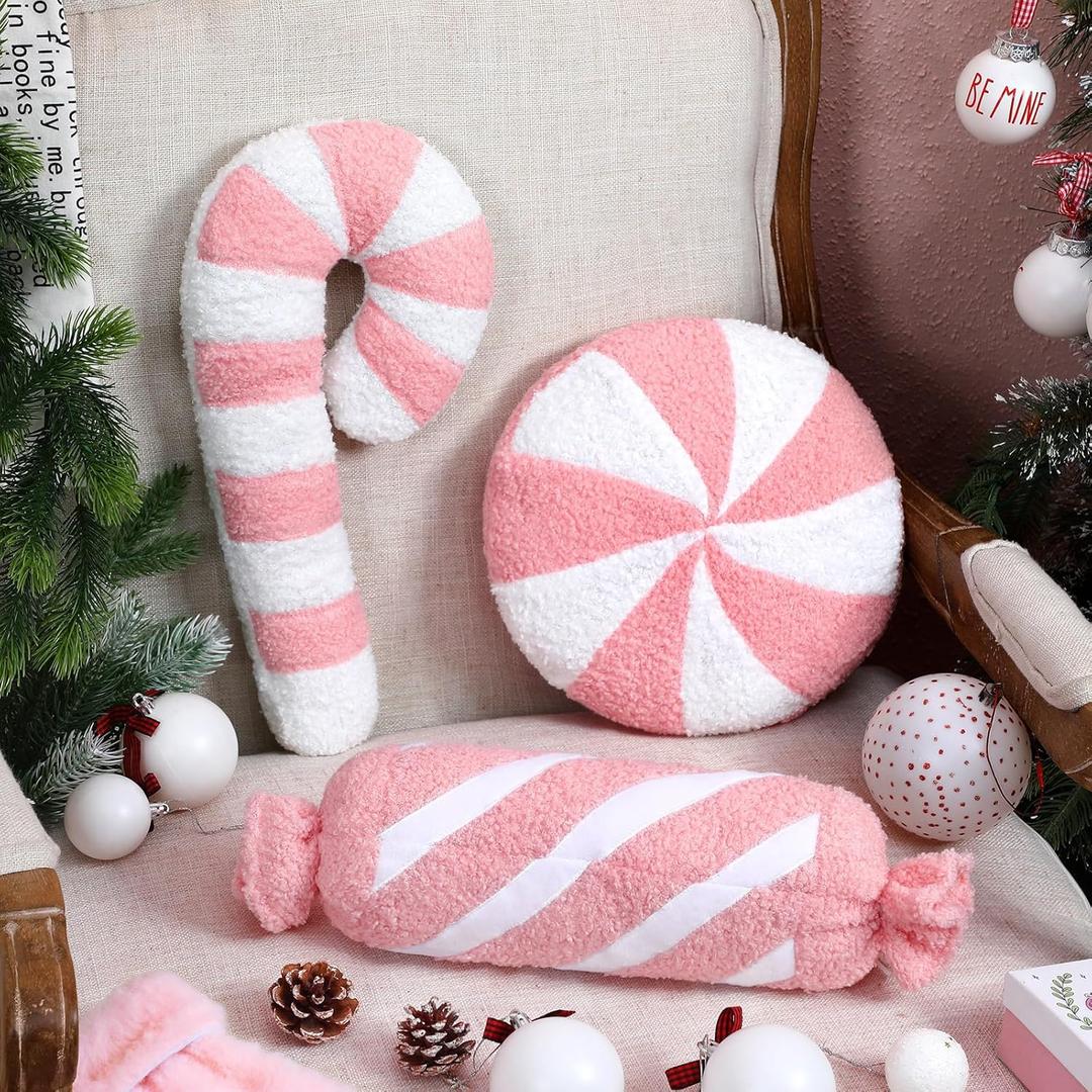 3 Pcs Christmas Pillows Decorative Throw Pillows Candy Merry Christmas Tree Stuffed Wool Soft Xmas Plush Cushion for Sofa Couch Bedroom Living Room(Pink)