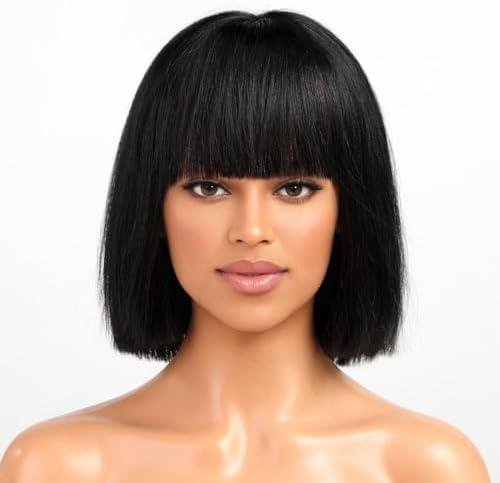 ELLORS 10 Inch Bob Wig Human Hair With Bangs Glueless 2x1 HD Lace Wigs, Short Wigs For Women Yaki Straight Lashes Included
