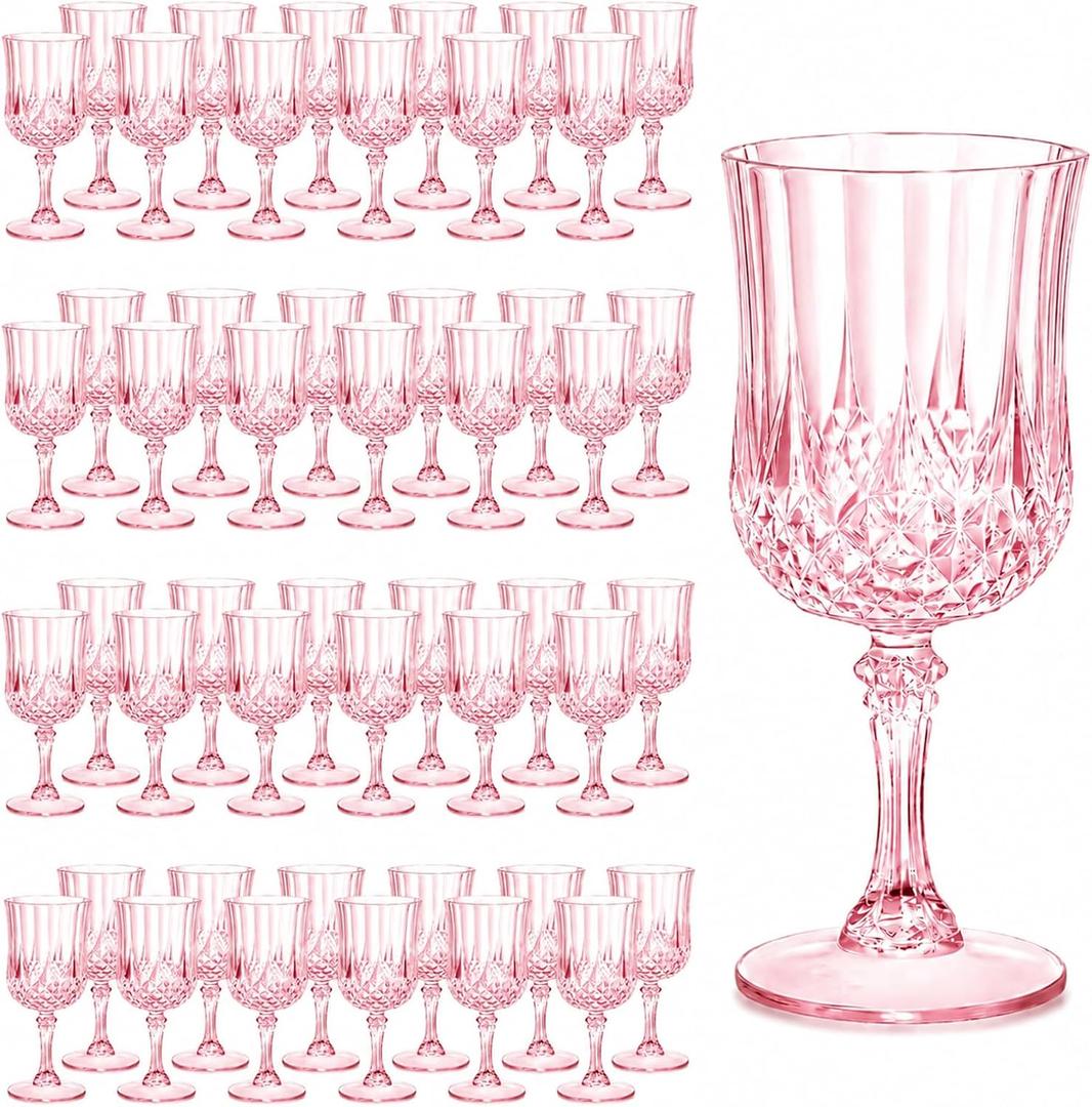 48Pcs Plastic Wine Glasses, 7oz Plastic Goblets for Party, Drinking Glasses Unbreakable Crystal Goblets Reusable Drinkware for Wedding Reception, Grand Event Party Supplies(Pink)