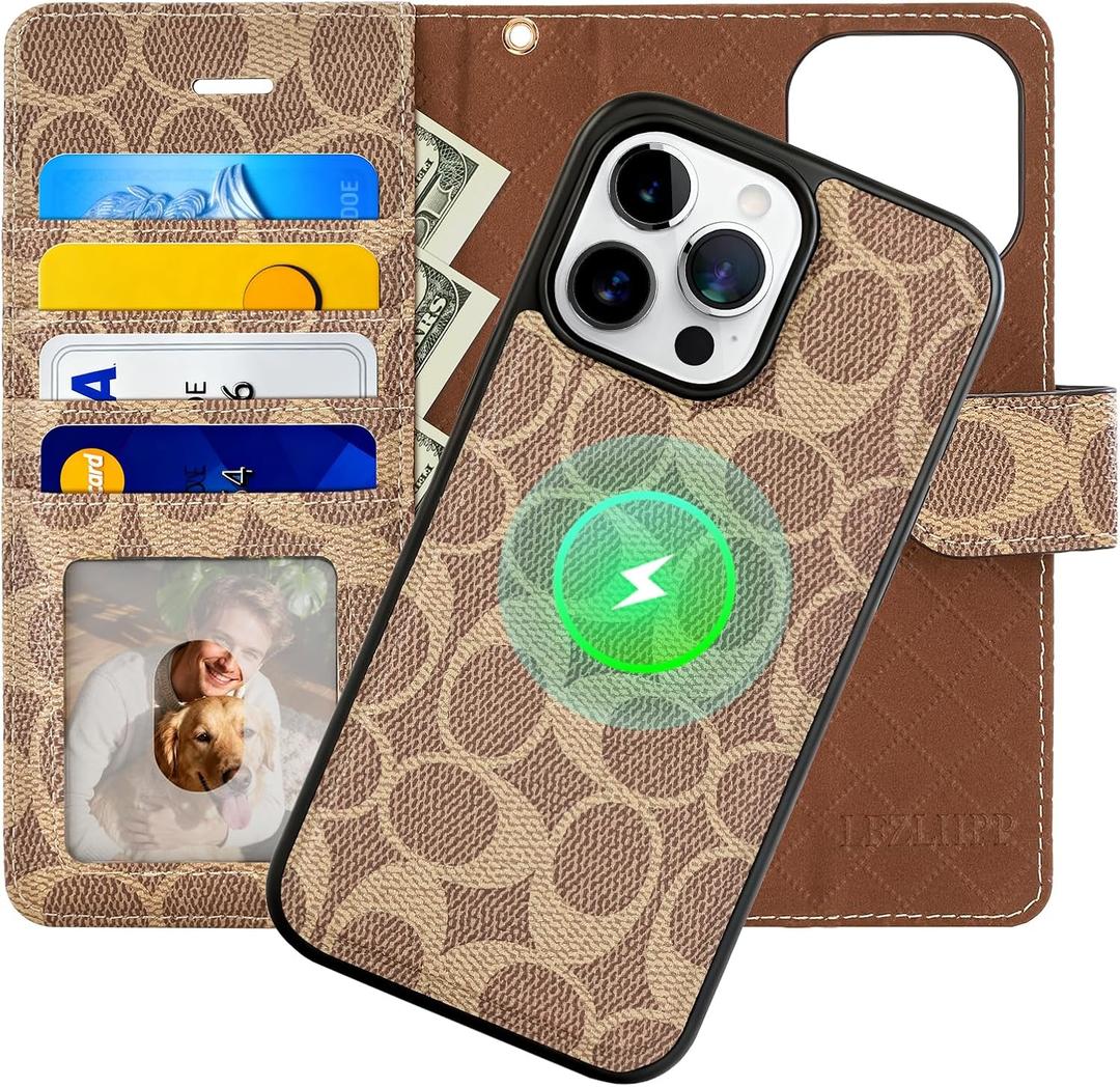 Luxury Designer Wallet Case for iPhone 16 Pro Max, Magnetic Detachable Cover with Card Slots, Kickstand, Wrist Strap, Smartish PU Leather, 6.9 Inch,Khaki